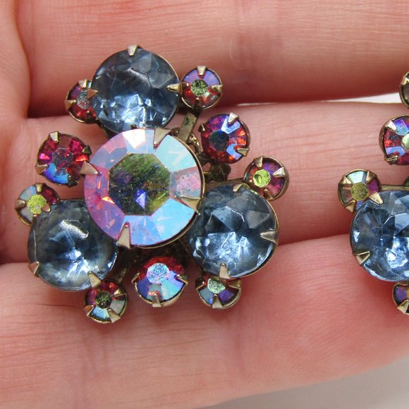 Vintage Rhinestone Earrings Pink Blue Clip On - Picture 2 of 3